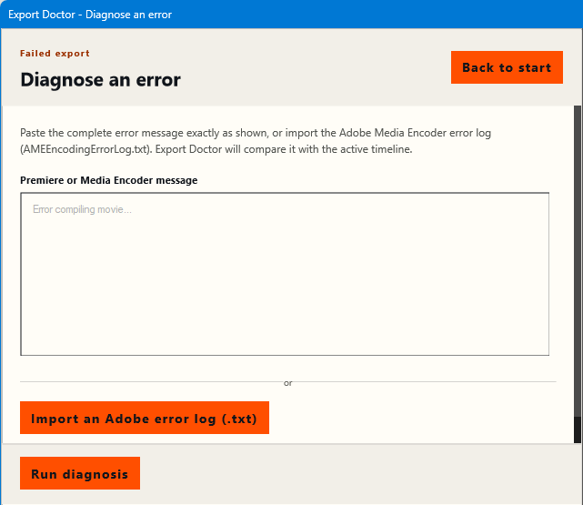 The real Export Doctor error diagnosis dialog in English