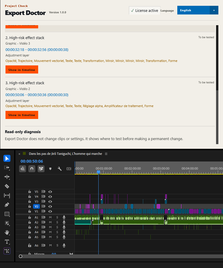 A real Export Doctor result in English linked to the matching Premiere Pro timeline area