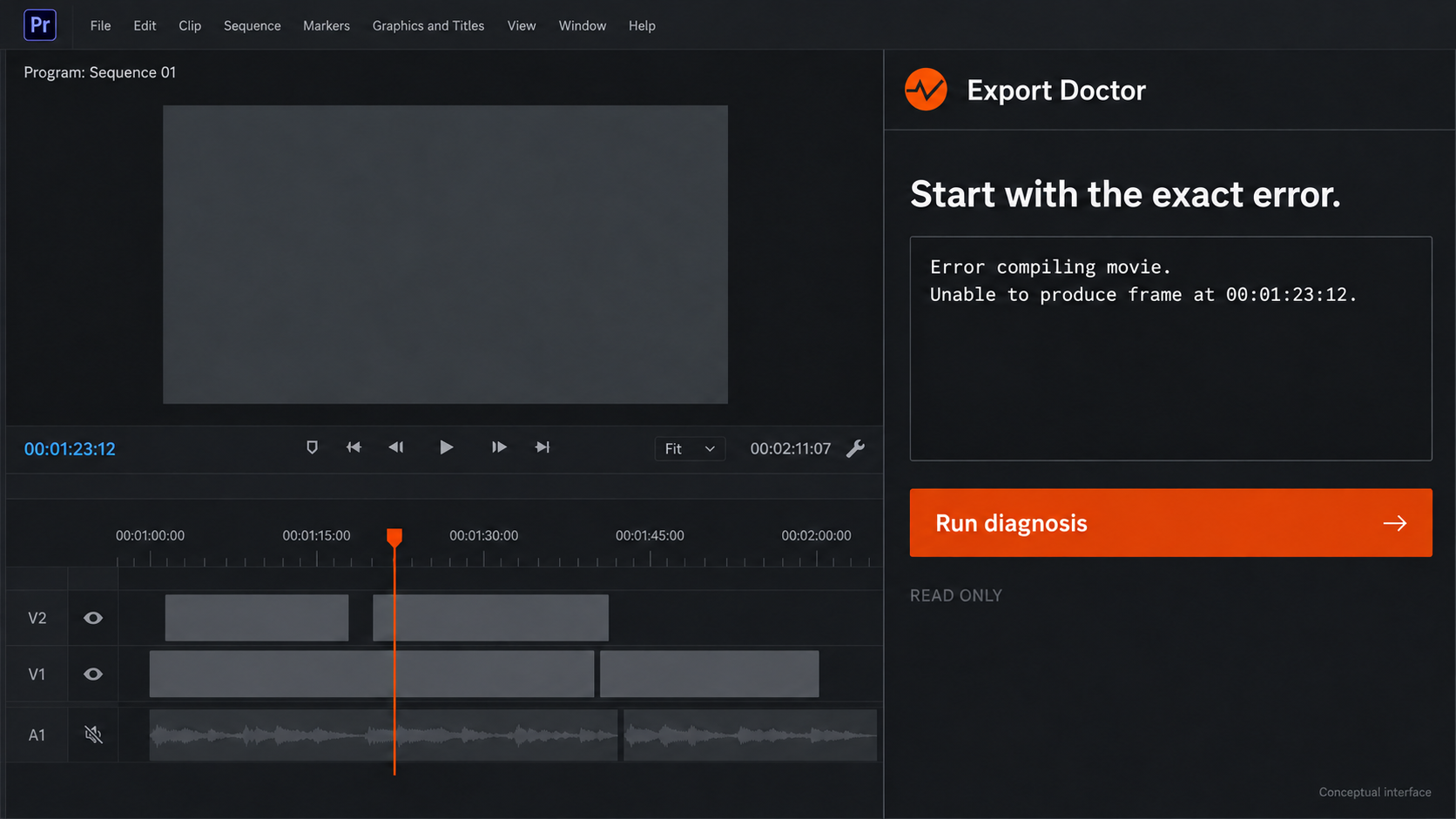 Conceptual Premiere workspace with Export Doctor