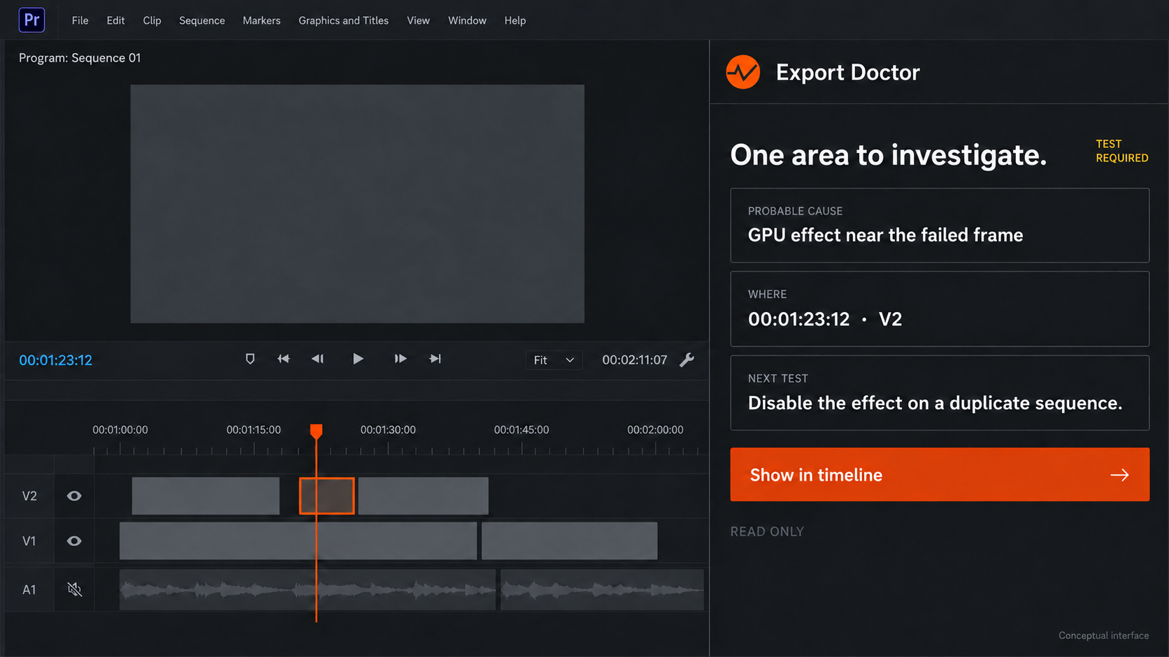 Conceptual Premiere workspace with Export Doctor