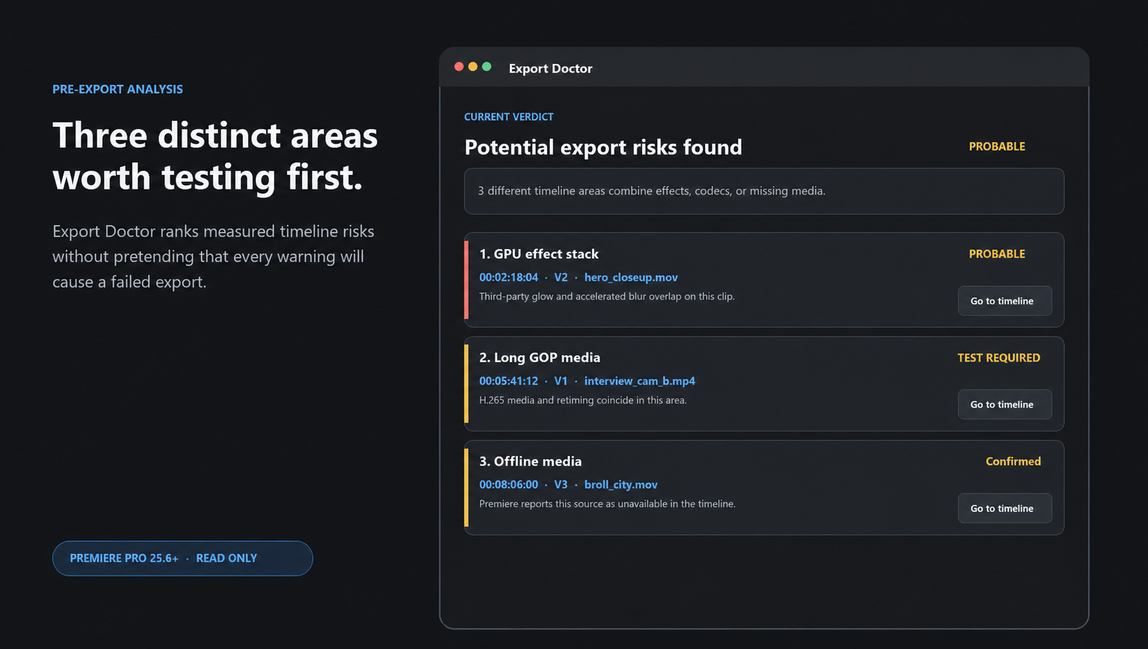 Export Doctor showing three ranked suspect areas without numerical confidence scores