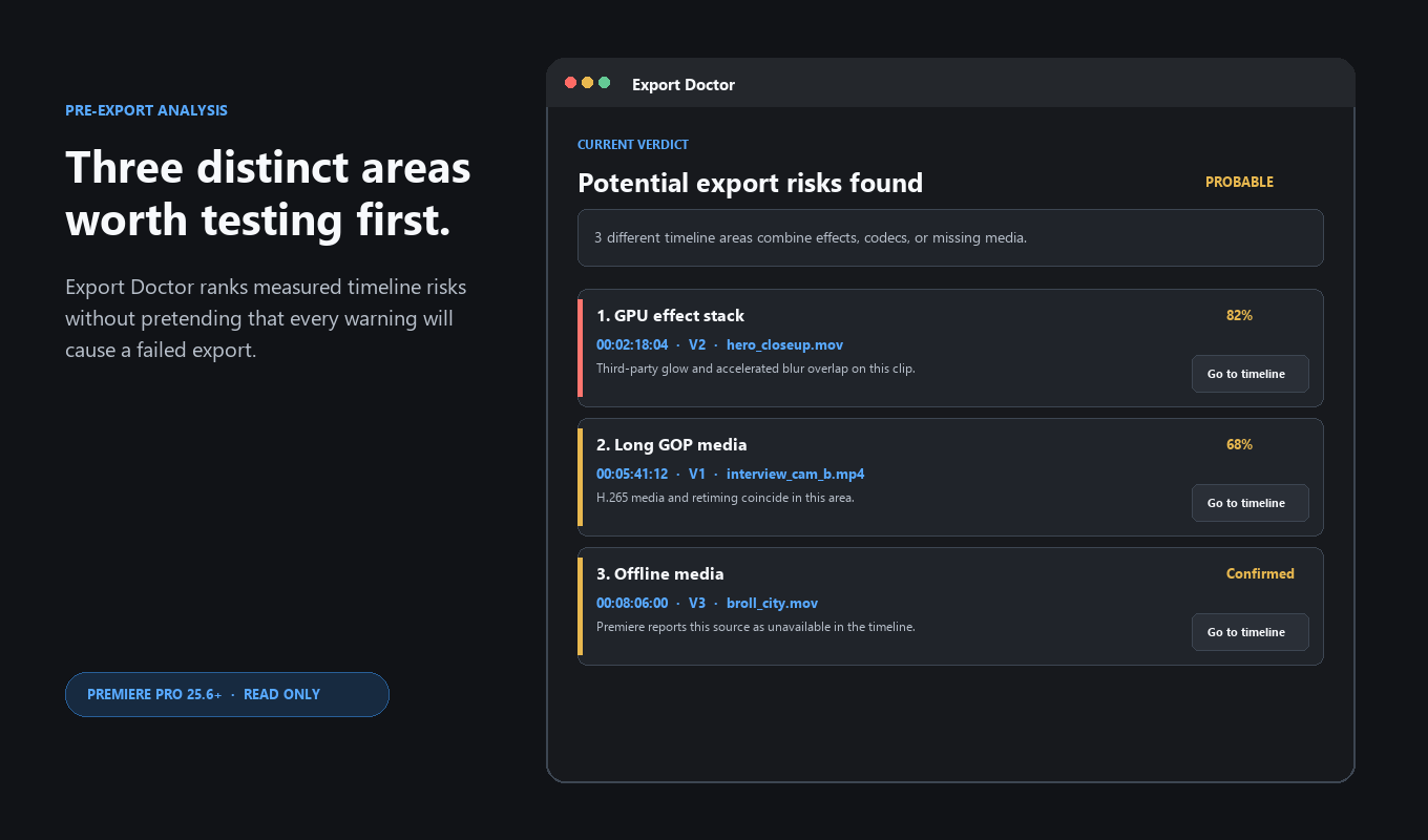 Export Doctor showing three distinct suspect areas