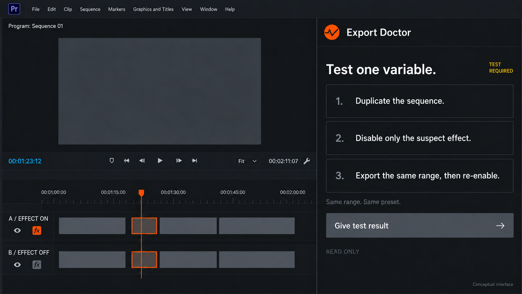 Conceptual Premiere workspace with Export Doctor