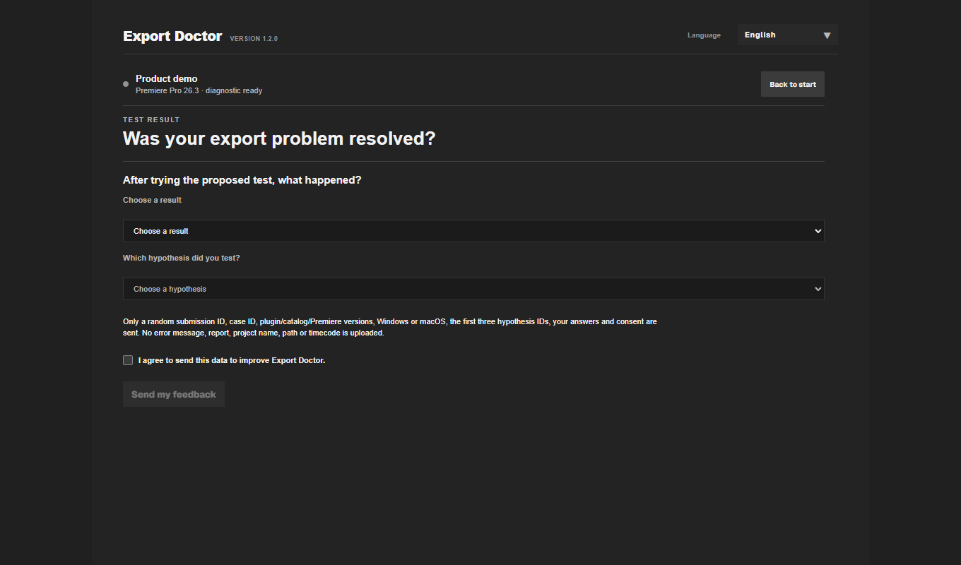 Export Doctor 1.2.0 optional feedback screen with result, hypothesis and consent controls
